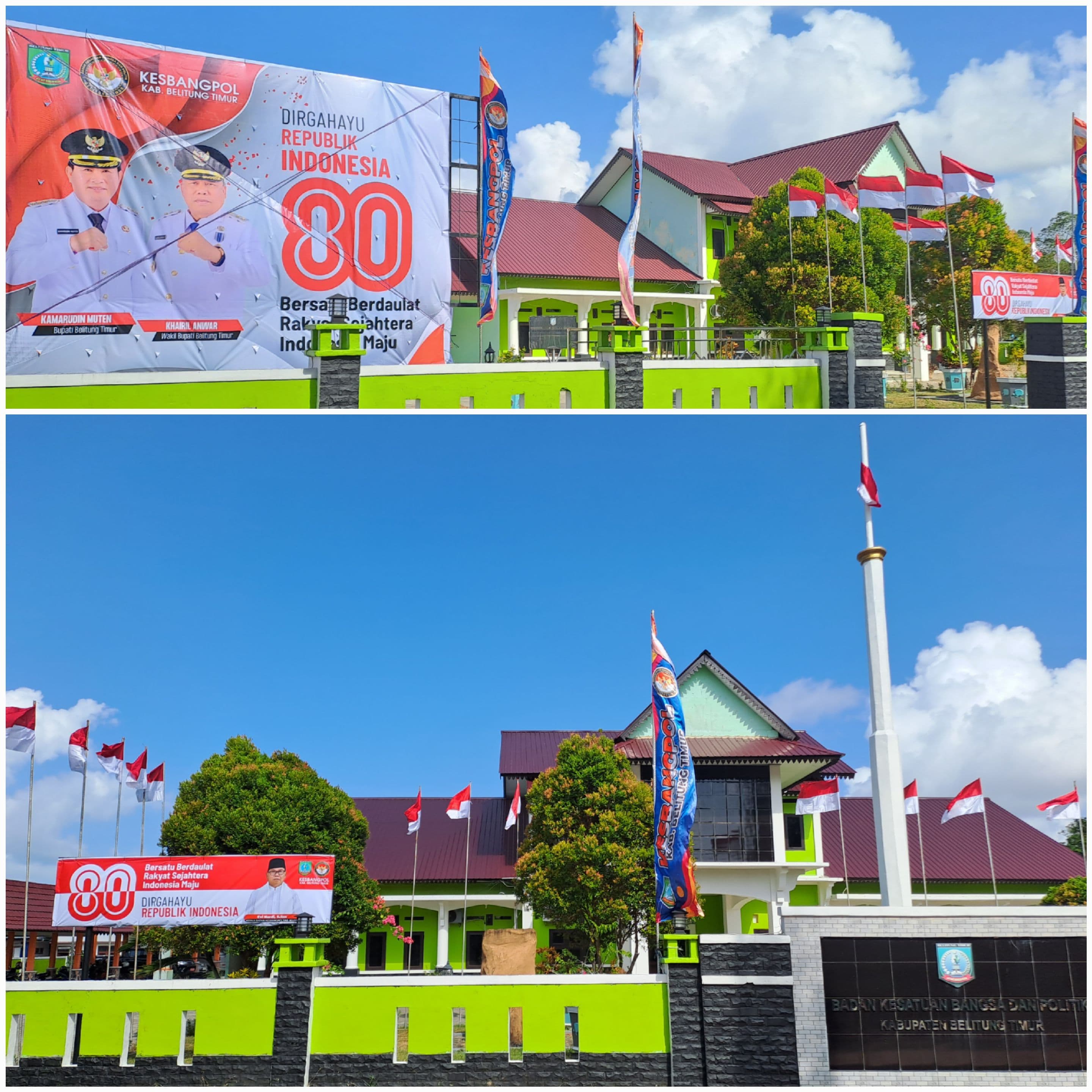 Kesbangpol Belitung Timur Melakukan Pemasangan Bendera Merah Putih dan Umbul-umbul Sambut Hari Kemerdekaan RI ke-80
