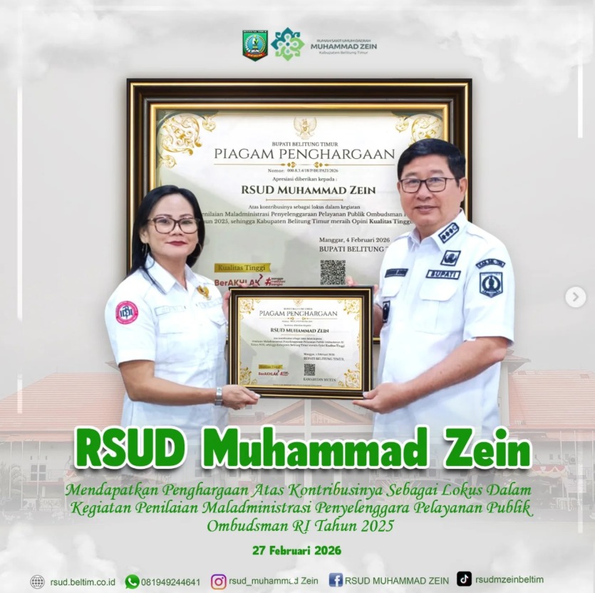 RSUD Muhammad Zein Raih Penghargaan Ombudsman RI, Berkontribusi Wujudkan Opini Kualitas Tertinggi Pelayanan Publik Tahun 2026